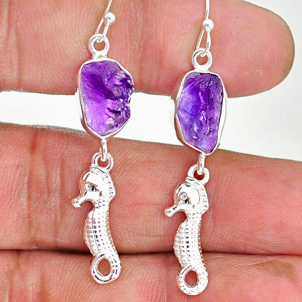 10.10cts natural purple amethyst raw 925 silver deltoid leaf earrings r89892