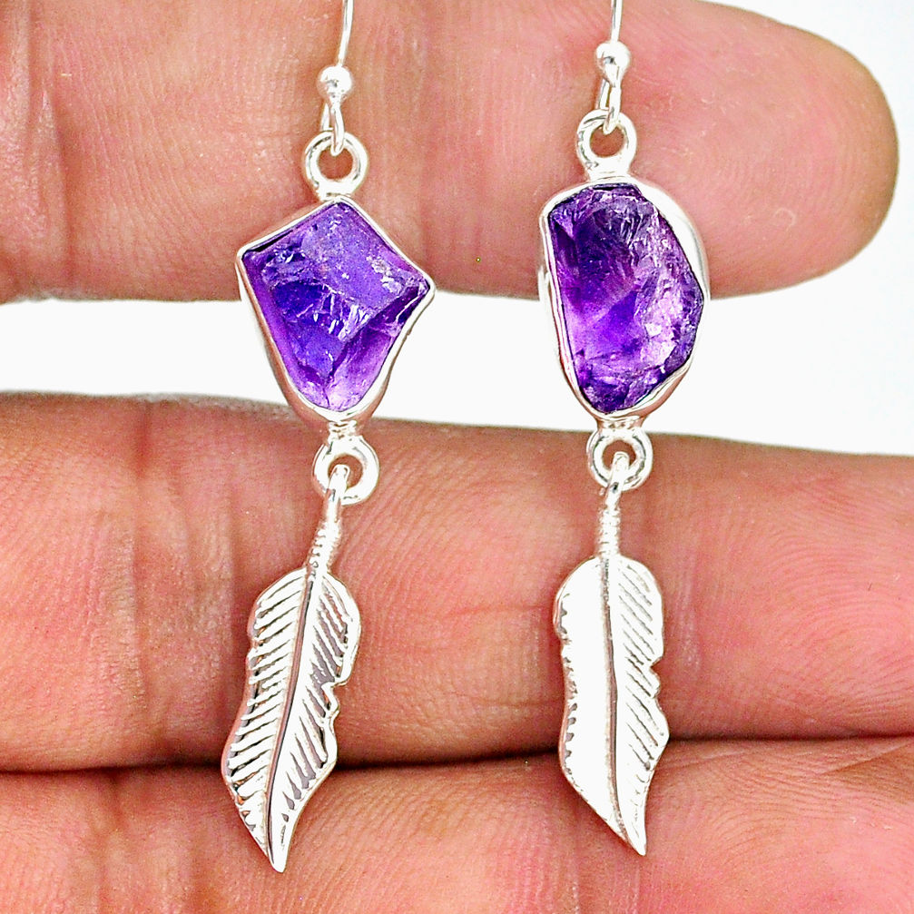 10.28cts natural purple amethyst raw 925 silver deltoid leaf earrings r89897