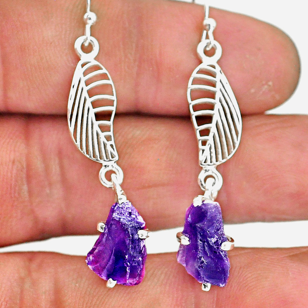 8.12cts natural purple amethyst raw 925 silver deltoid leaf earrings r90706