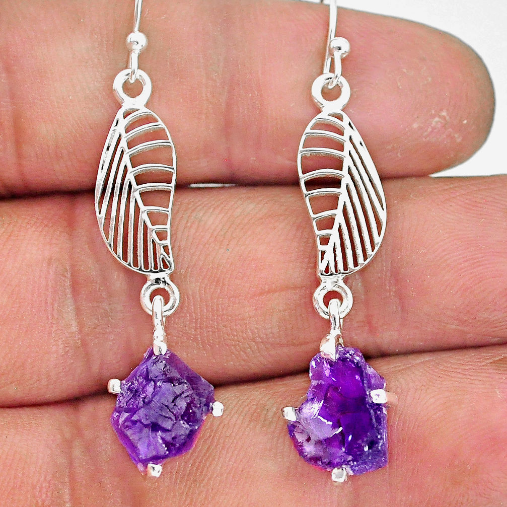 7.88cts natural purple amethyst rough 925 silver deltoid leaf earrings r90707