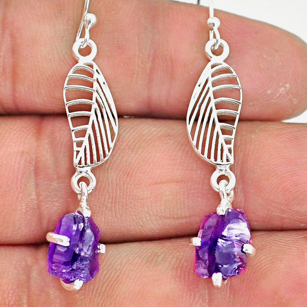 7.63cts natural purple amethyst raw 925 silver deltoid leaf earrings r90708