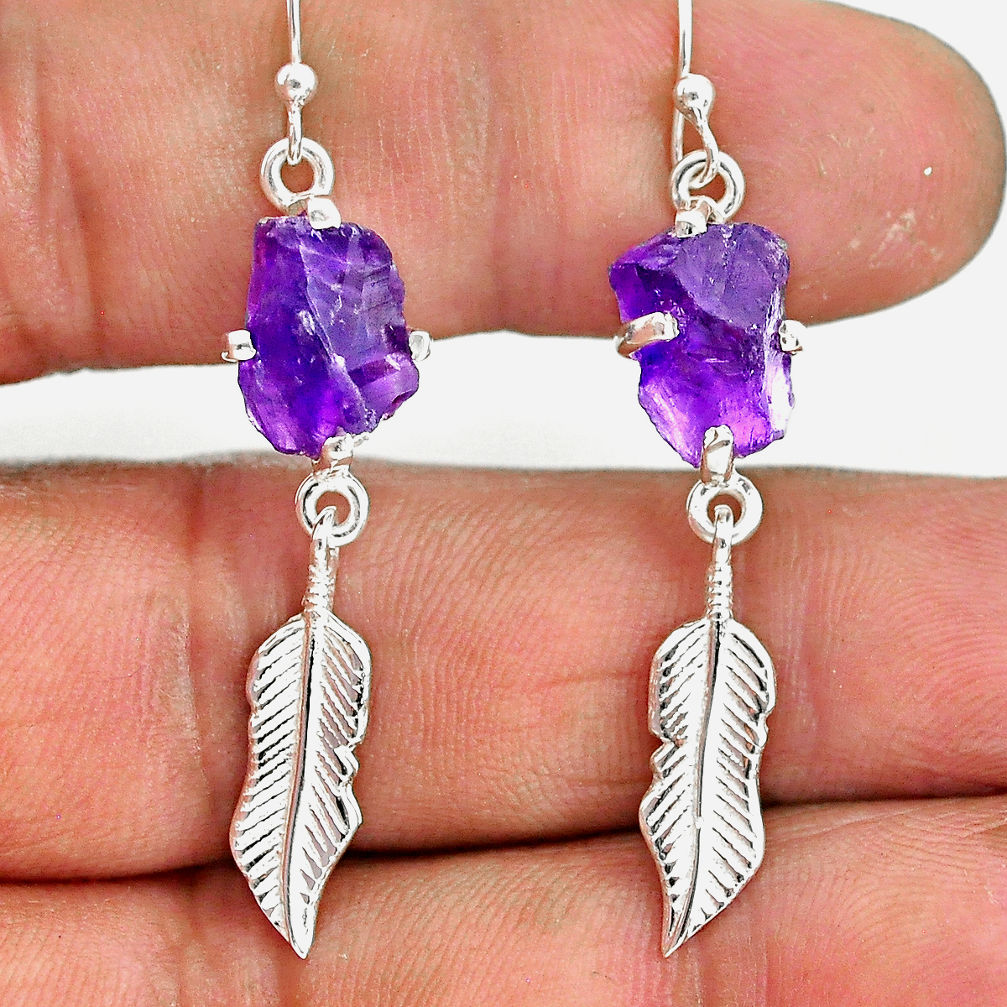 8.32cts natural purple amethyst raw 925 silver deltoid leaf earrings r90709
