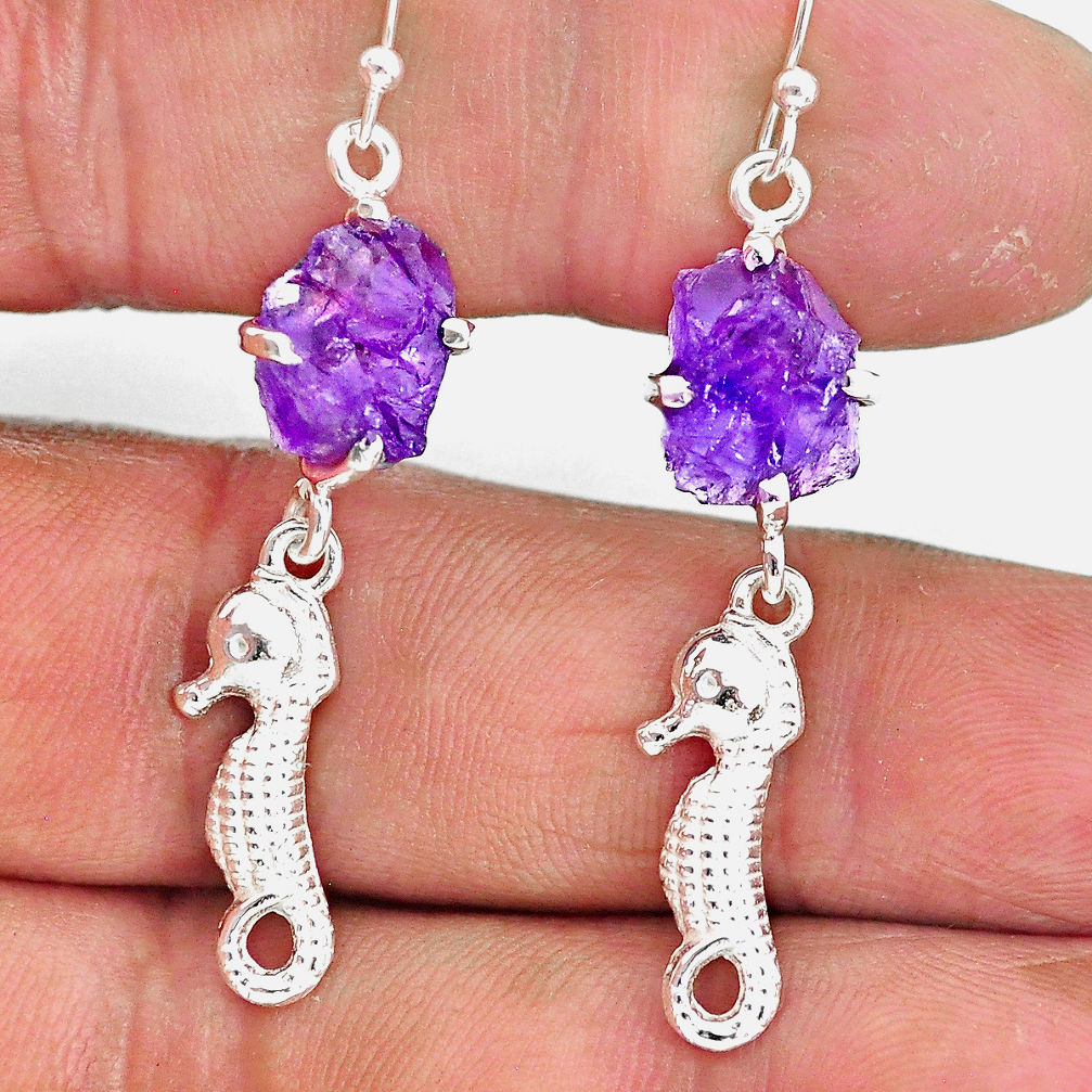 7.95cts natural purple amethyst raw 925 sterling silver dangle earrings r90702