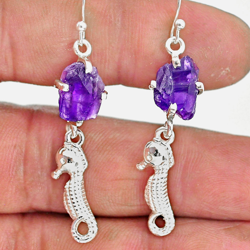 8.34cts natural purple amethyst raw 925 sterling silver dangle earrings r90703