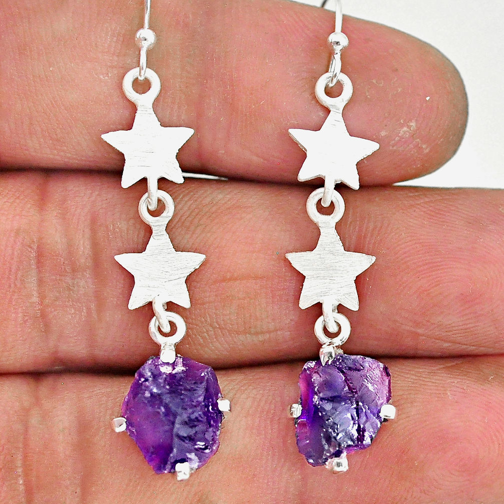 7.57cts natural purple amethyst raw 925 sterling silver dangle earrings r90712