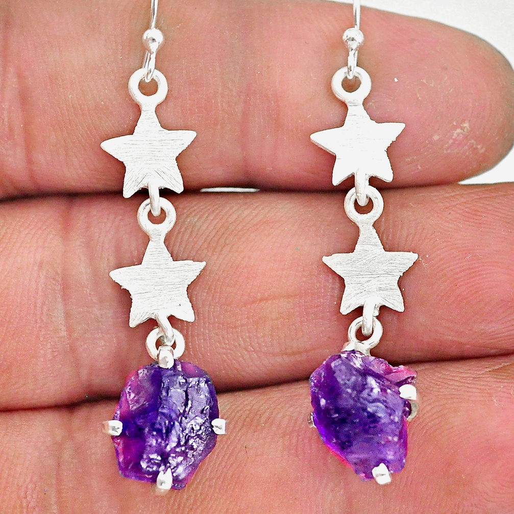 7.52cts natural purple amethyst raw 925 sterling silver dangle earrings r90713
