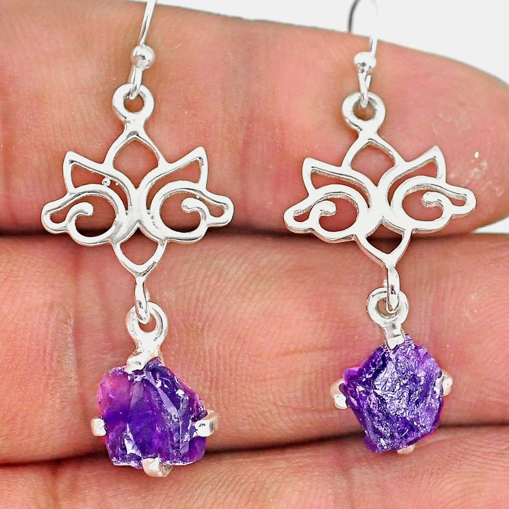 7.57cts natural purple amethyst raw 925 sterling silver dangle earrings r90715