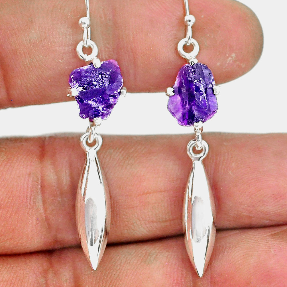 7.41cts natural purple amethyst raw 925 sterling silver dangle earrings r90717