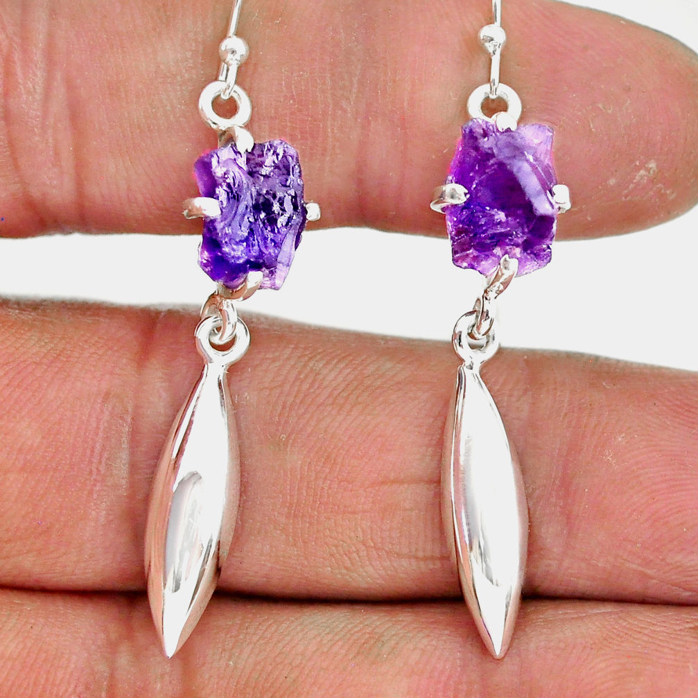 7.22cts natural purple amethyst raw 925 sterling silver dangle earrings r90718