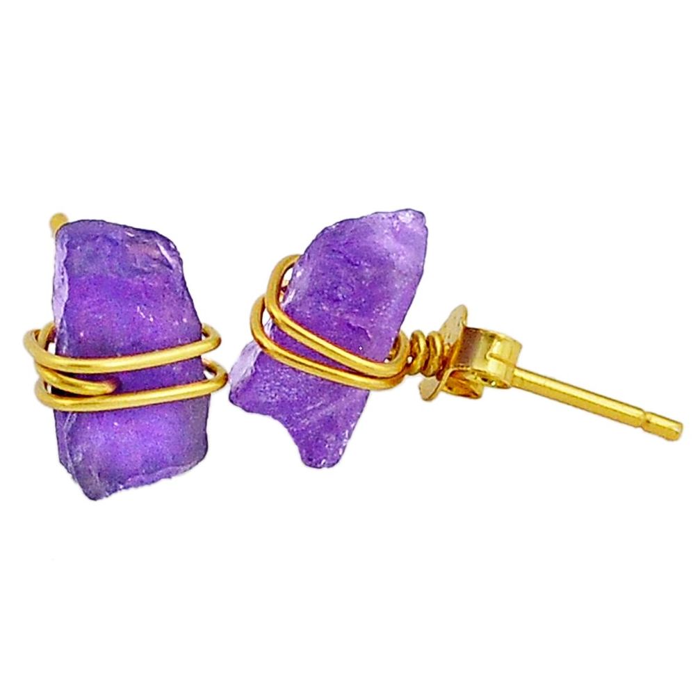 6.50cts natural purple amethyst raw 14k gold handmade earrings jewelry t6530
