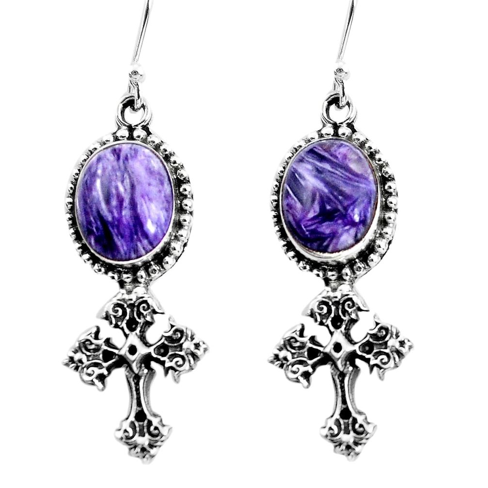 5.30cts natural purple charoite (siberian) 925 silver holy cross earrings p60770