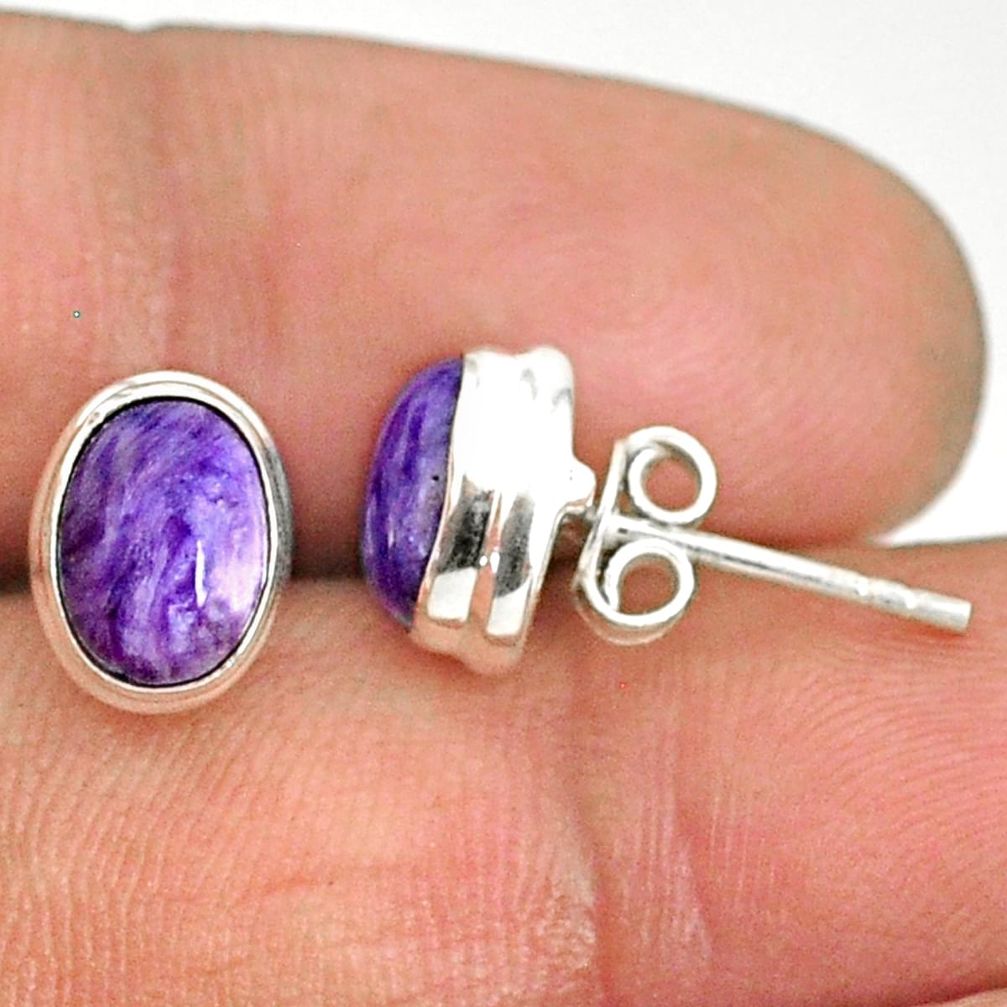 4.22cts natural purple charoite (siberian) 925 silver stud earrings r84793