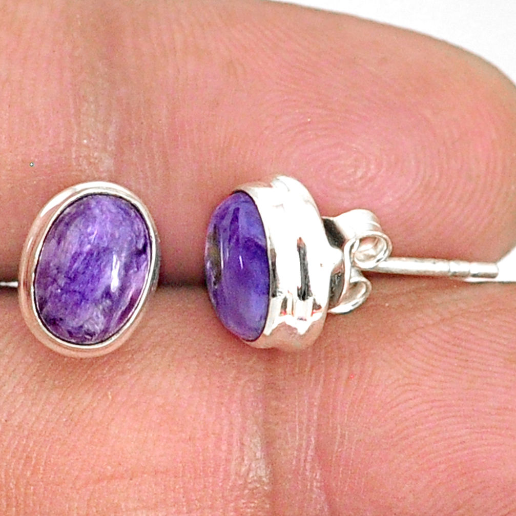 4.57cts natural purple charoite (siberian) 925 silver stud earrings r84812