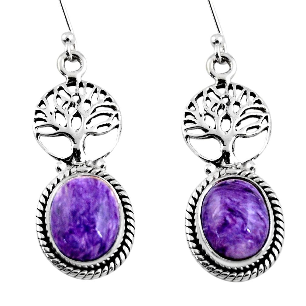 9.52cts natural purple charoite (siberian) silver tree of life earrings r53722