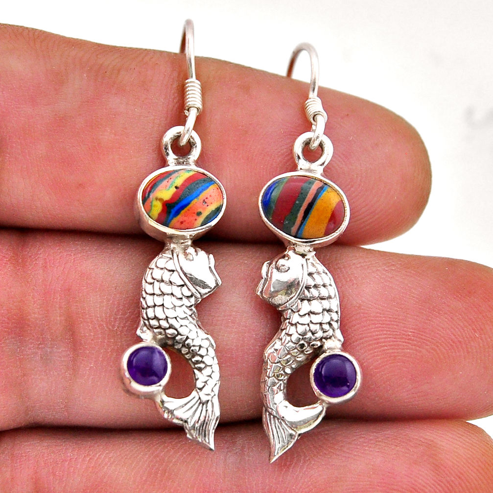 5.87cts natural rainbow calsilica oval amethyst 925 silver fish earrings n51127