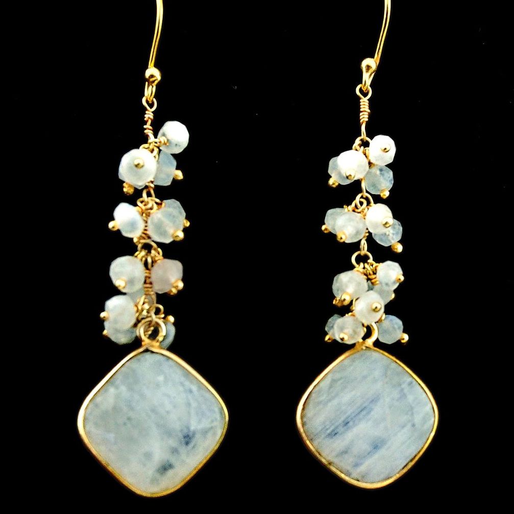 22.79cts natural rainbow moonstone 925 silver 14k gold dangle earrings r31574