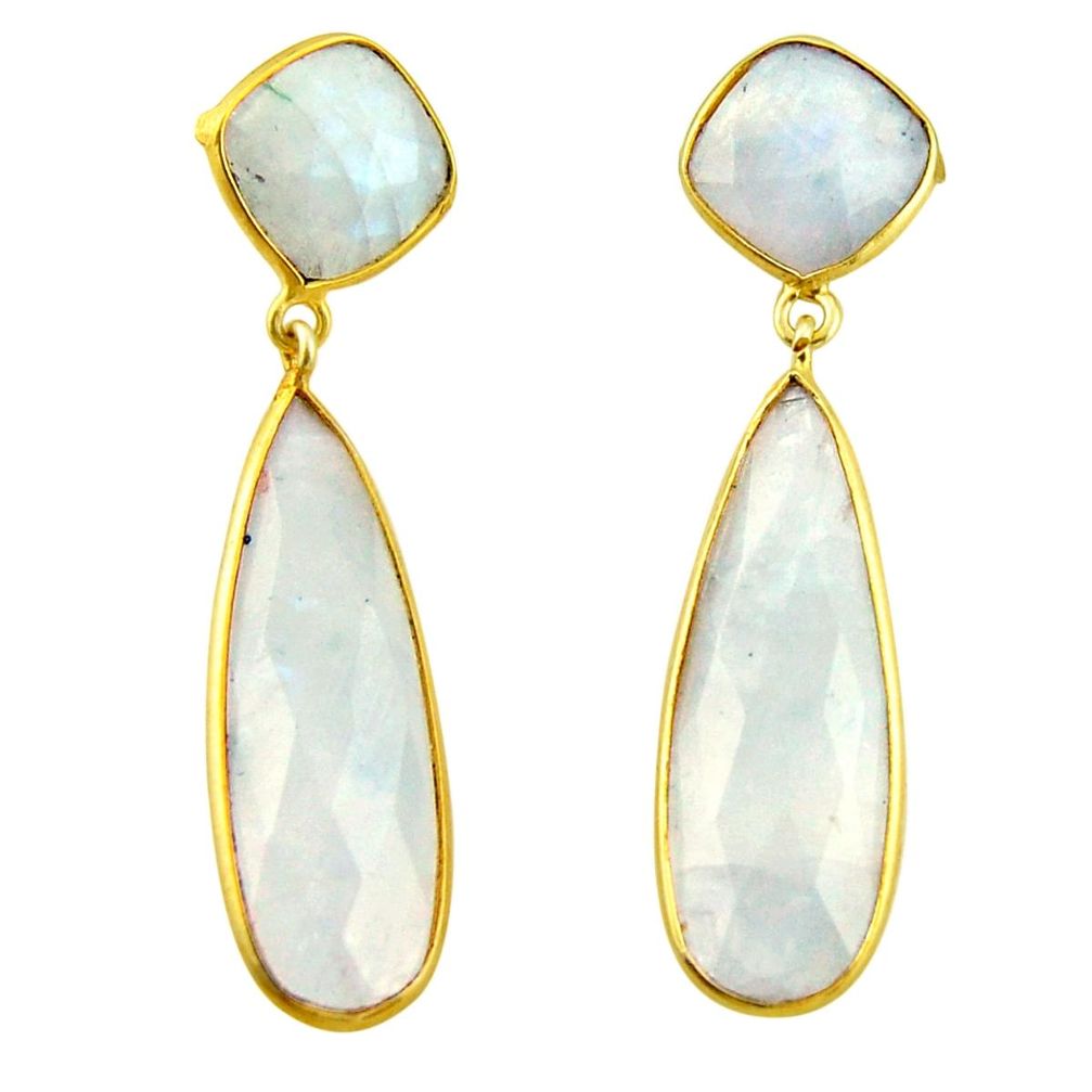 26.71cts natural rainbow moonstone 925 silver 14k gold dangle earrings r31736