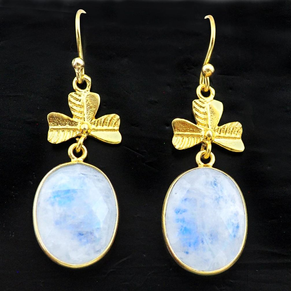 14.23cts natural rainbow moonstone 925 silver 14k gold dangle earrings t44098