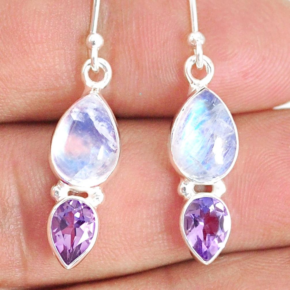 8.14cts natural rainbow moonstone amethyst 925 silver dangle earrings r76310