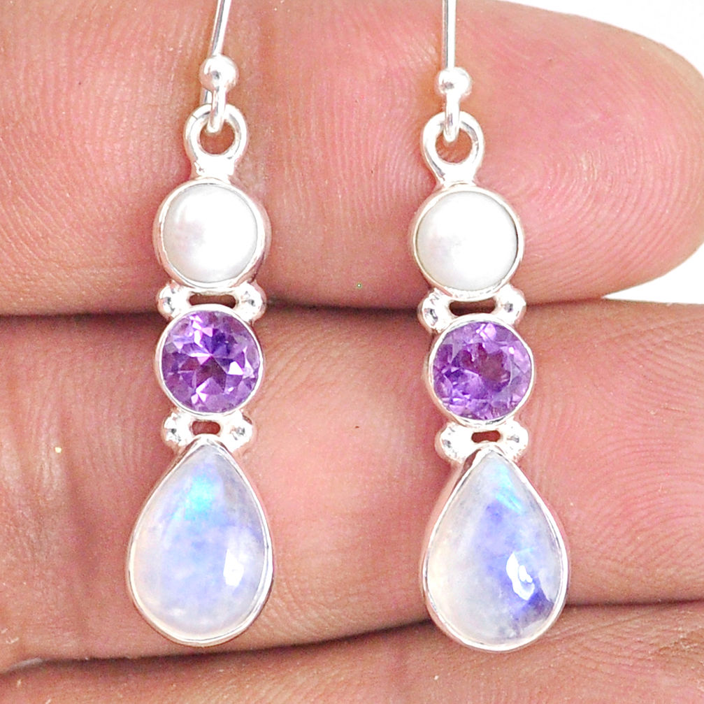 9.57cts natural rainbow moonstone amethyst 925 silver dangle earrings r76582