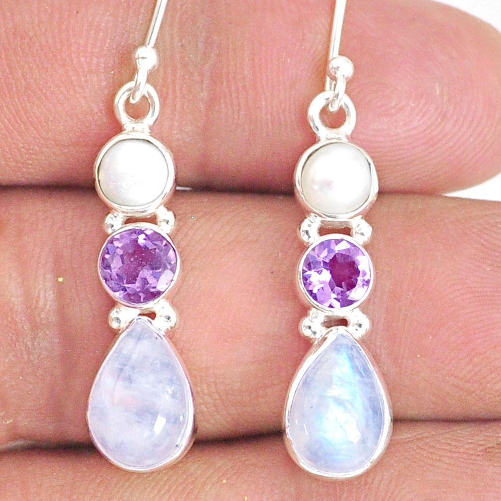 9.16cts natural rainbow moonstone amethyst 925 silver dangle earrings r76586