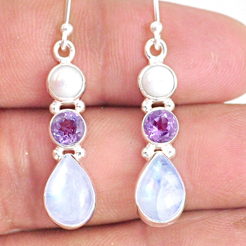 9.18cts natural rainbow moonstone amethyst pearl 925 silver earrings r76597