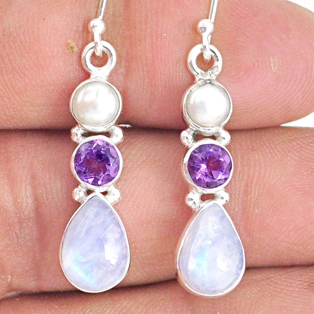 9.16cts natural rainbow moonstone amethyst pearl 925 silver earrings r76614