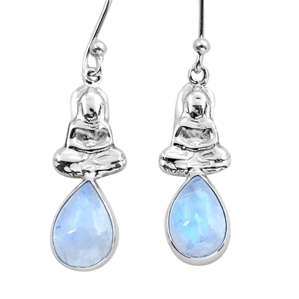 4.12cts natural rainbow moonstone pear 925 silver buddha charm earrings y15412