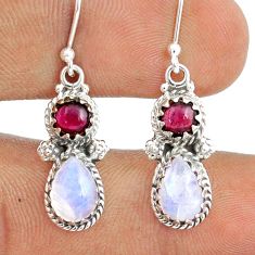 5.97cts natural rainbow moonstone red garnet 925 silver dangle earrings u31779