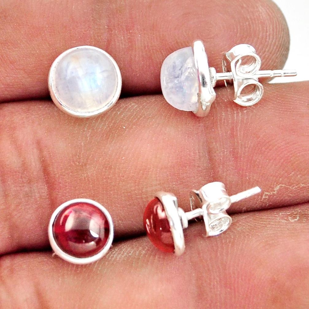 8.05cts natural rainbow moonstone red garnet 925 silver stud earrings r41239