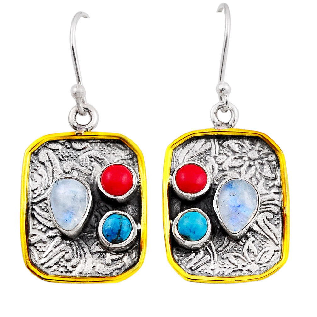 6.22cts natural rainbow moonstone turquoise coral silver gold earrings n27860