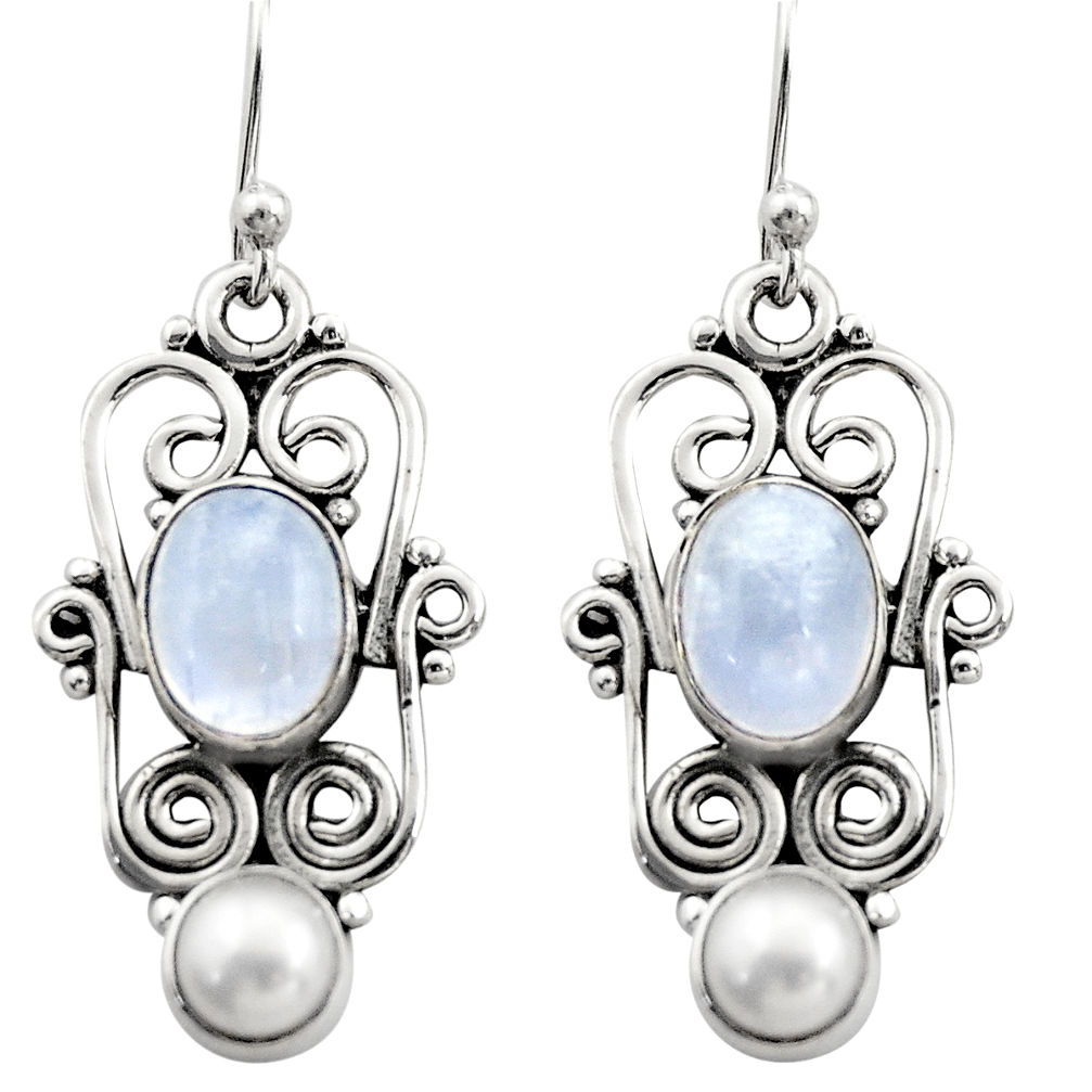 5.07cts natural rainbow moonstone white pearl 925 silver dangle earrings r21694