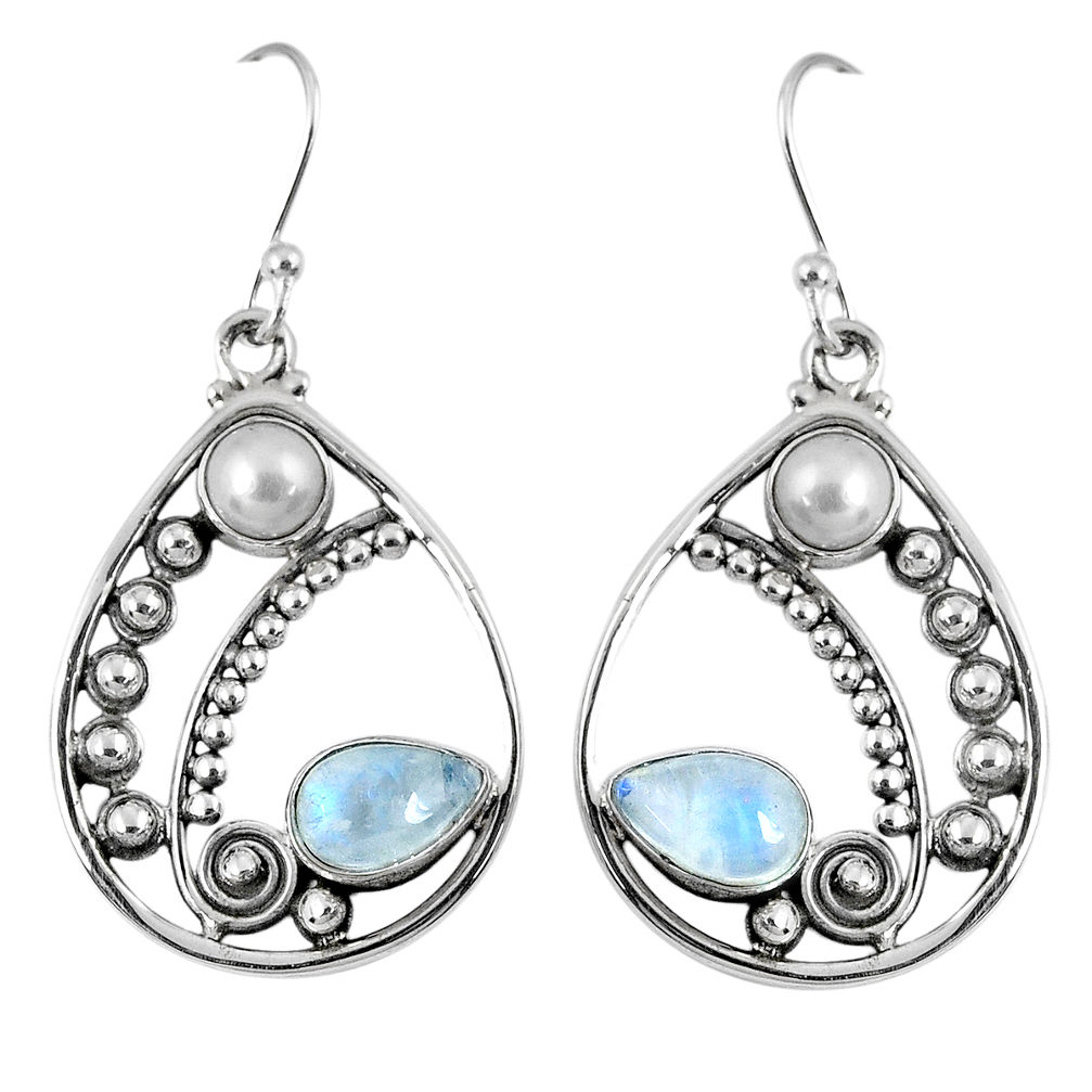 5.63cts natural rainbow moonstone white pearl 925 silver dangle earrings r59880