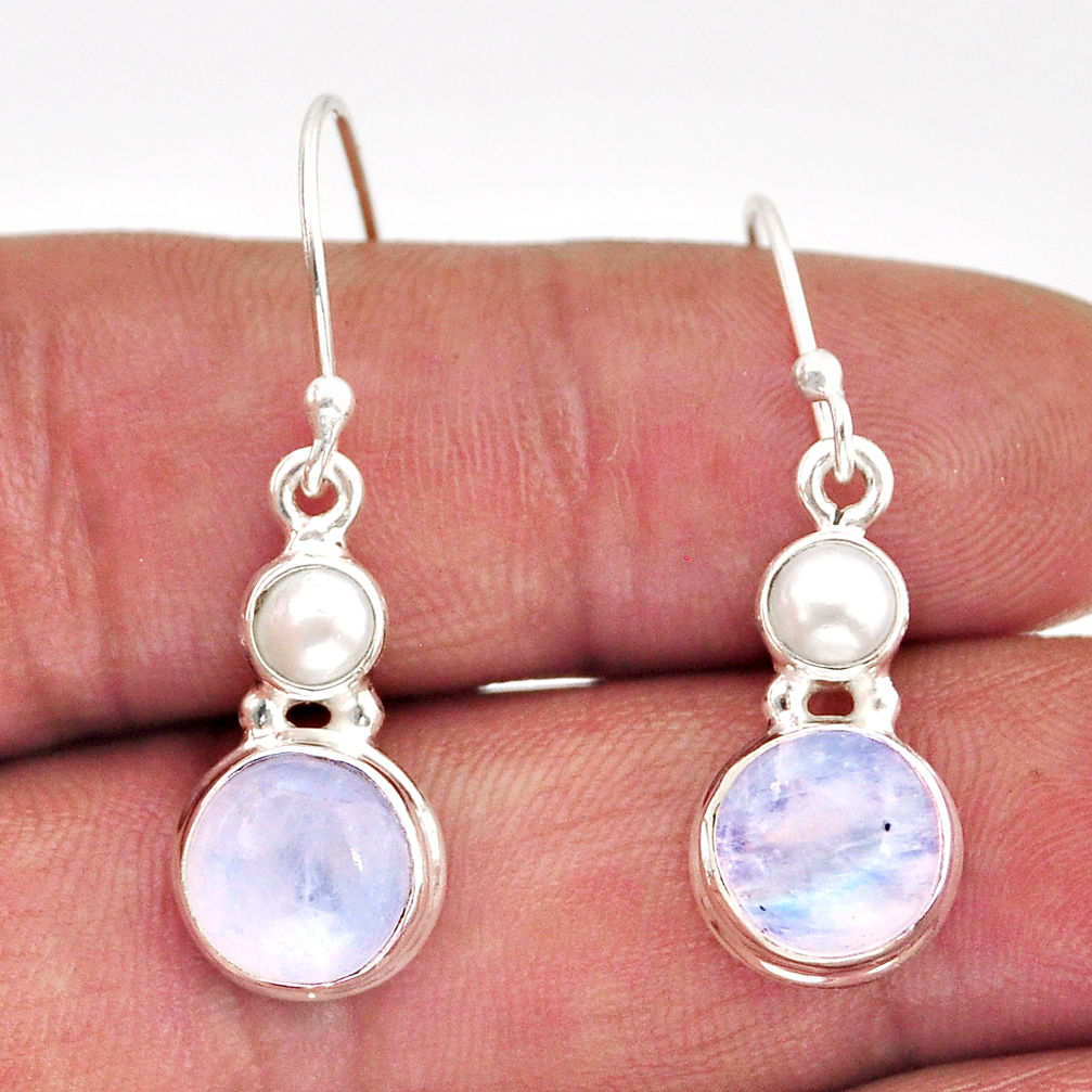 9.54cts natural rainbow moonstone white pearl 925 silver dangle earrings y76045