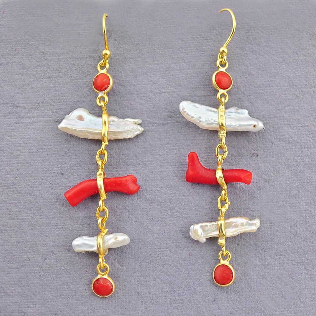 9.74cts natural red coral pearl 14k gold handmade dangle earrings t10921