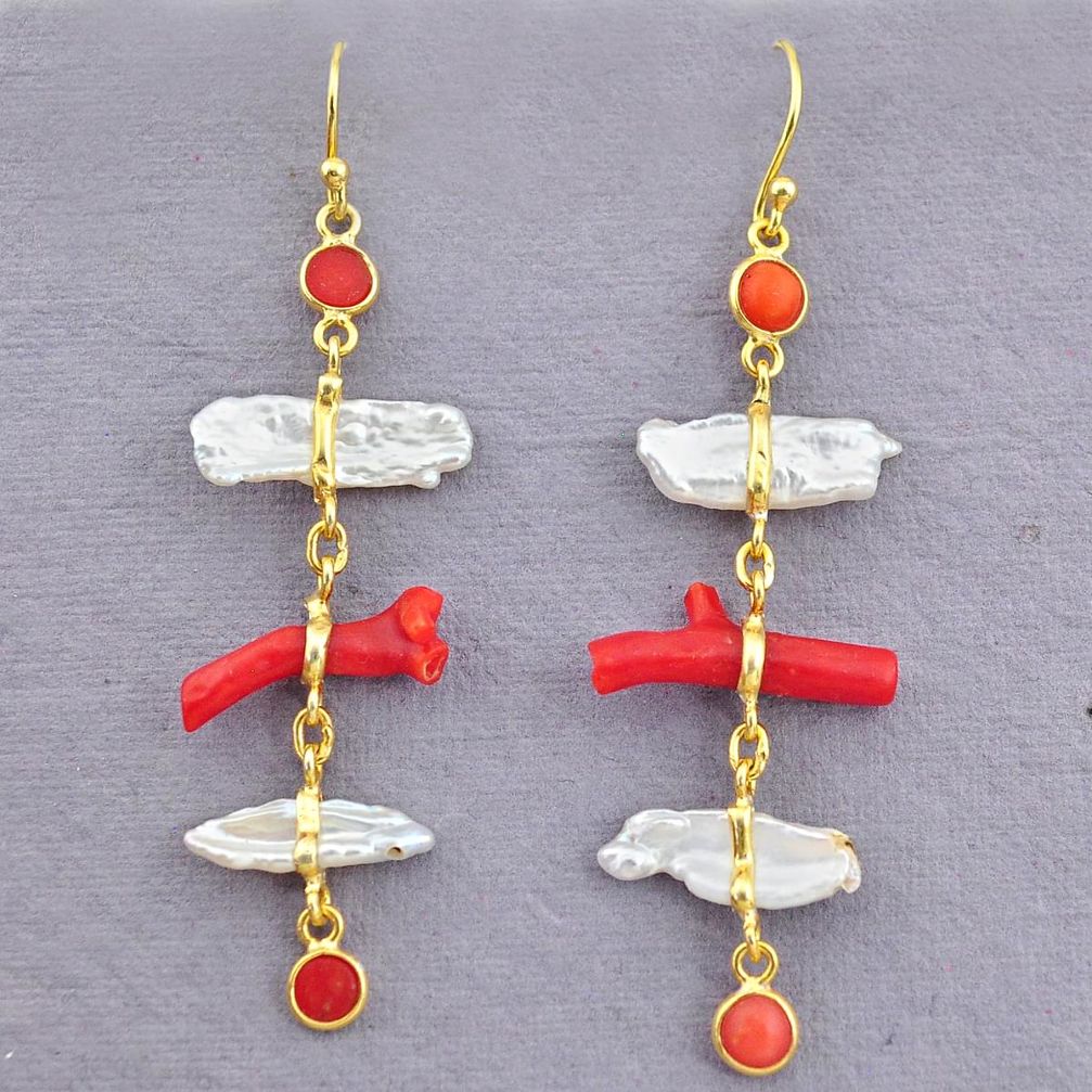 12.57cts natural red coral pearl 14k gold handmade dangle earrings t10923