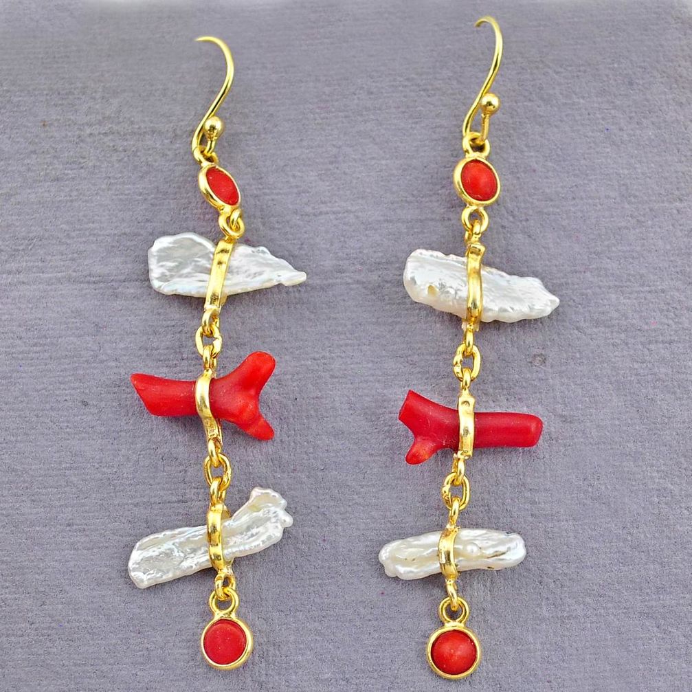 10.33cts natural red coral pearl 14k gold handmade dangle earrings t10928