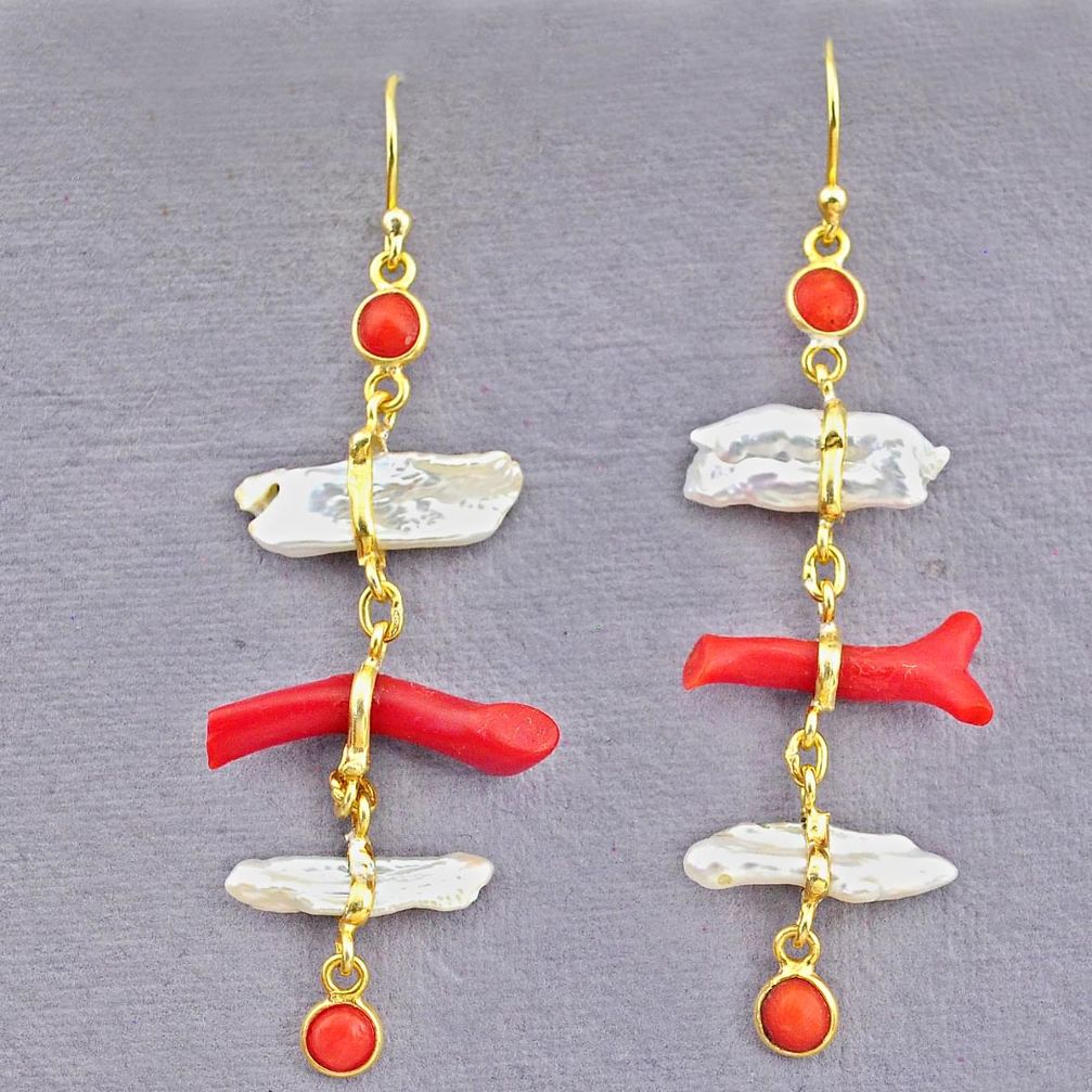 13.13cts natural red coral pearl 14k gold handmade dangle earrings t10929