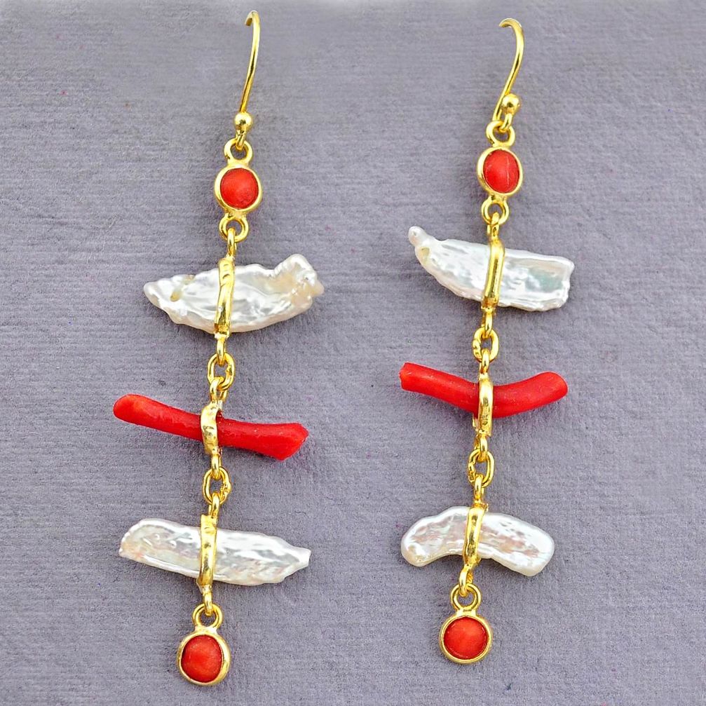 10.33cts natural red coral pearl 14k gold handmade dangle earrings t10934