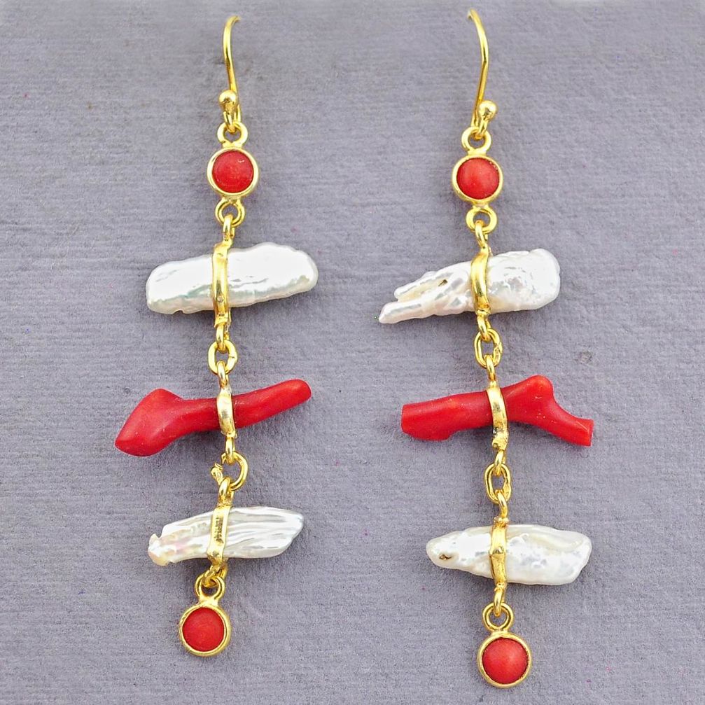 11.28cts natural red coral pearl 14k gold handmade dangle earrings t10937