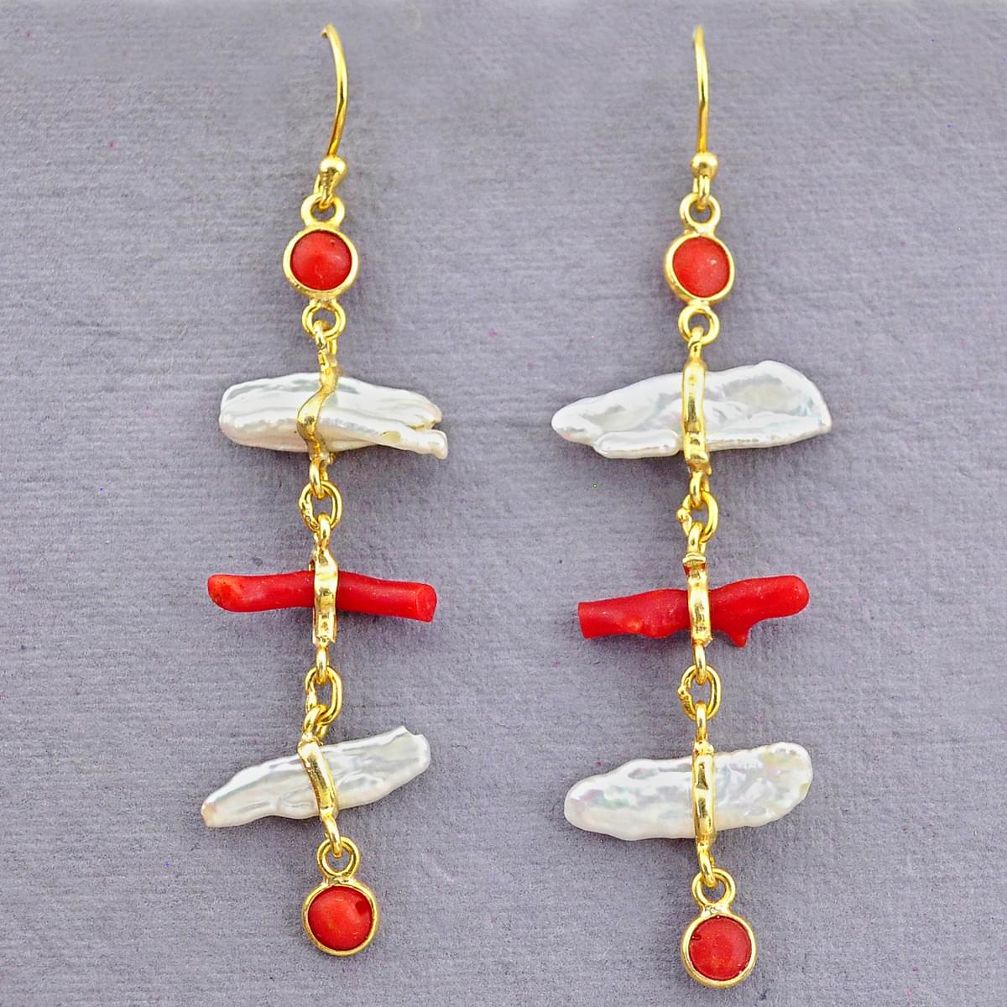 10.89cts natural red coral pearl 14k gold handmade dangle earrings t10939