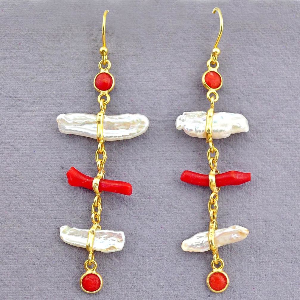 10.61cts natural red coral pearl 14k gold handmade dangle earrings t10940