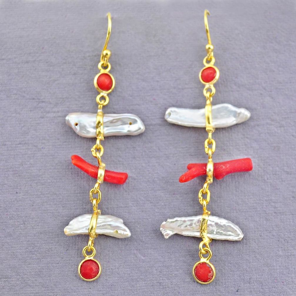 10.89cts natural red coral pearl 14k gold handmade dangle earrings t10941