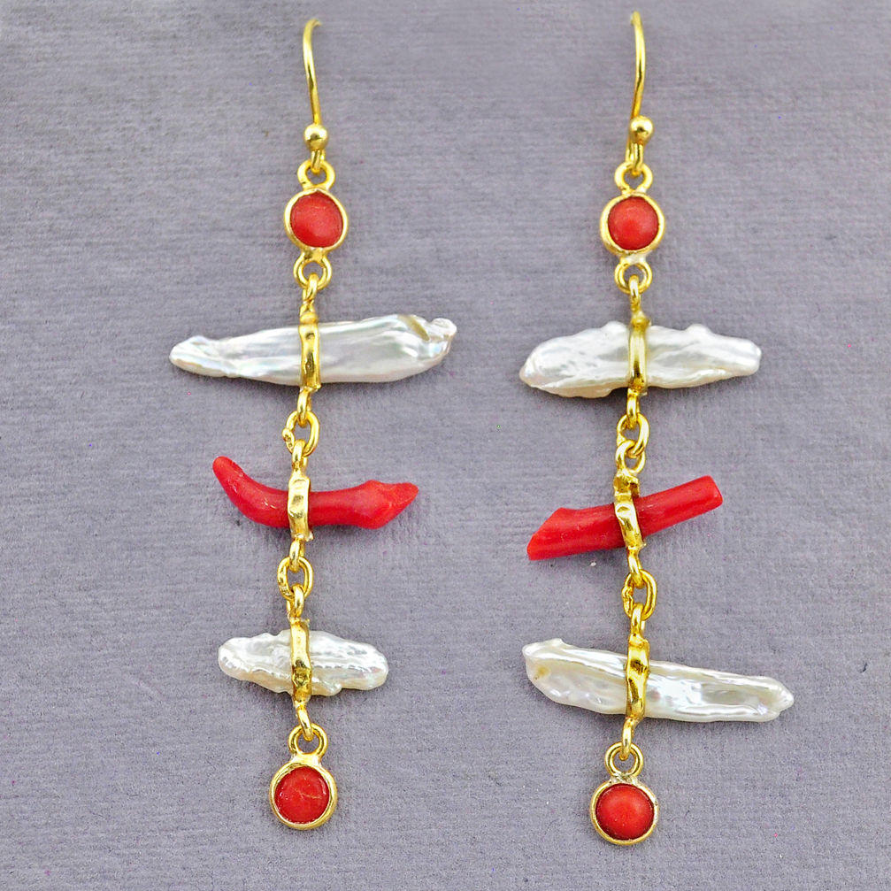 10.89cts natural red coral pearl 14k gold handmade dangle earrings t10945