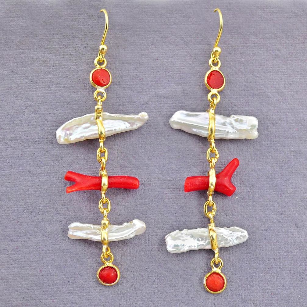 11.28cts natural red coral pearl 14k gold handmade dangle earrings t10948