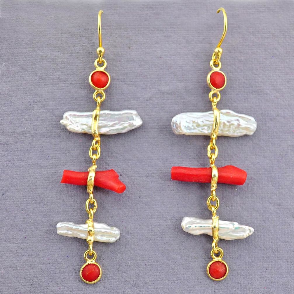 10.72cts natural red coral pearl 14k gold handmade dangle earrings t10950
