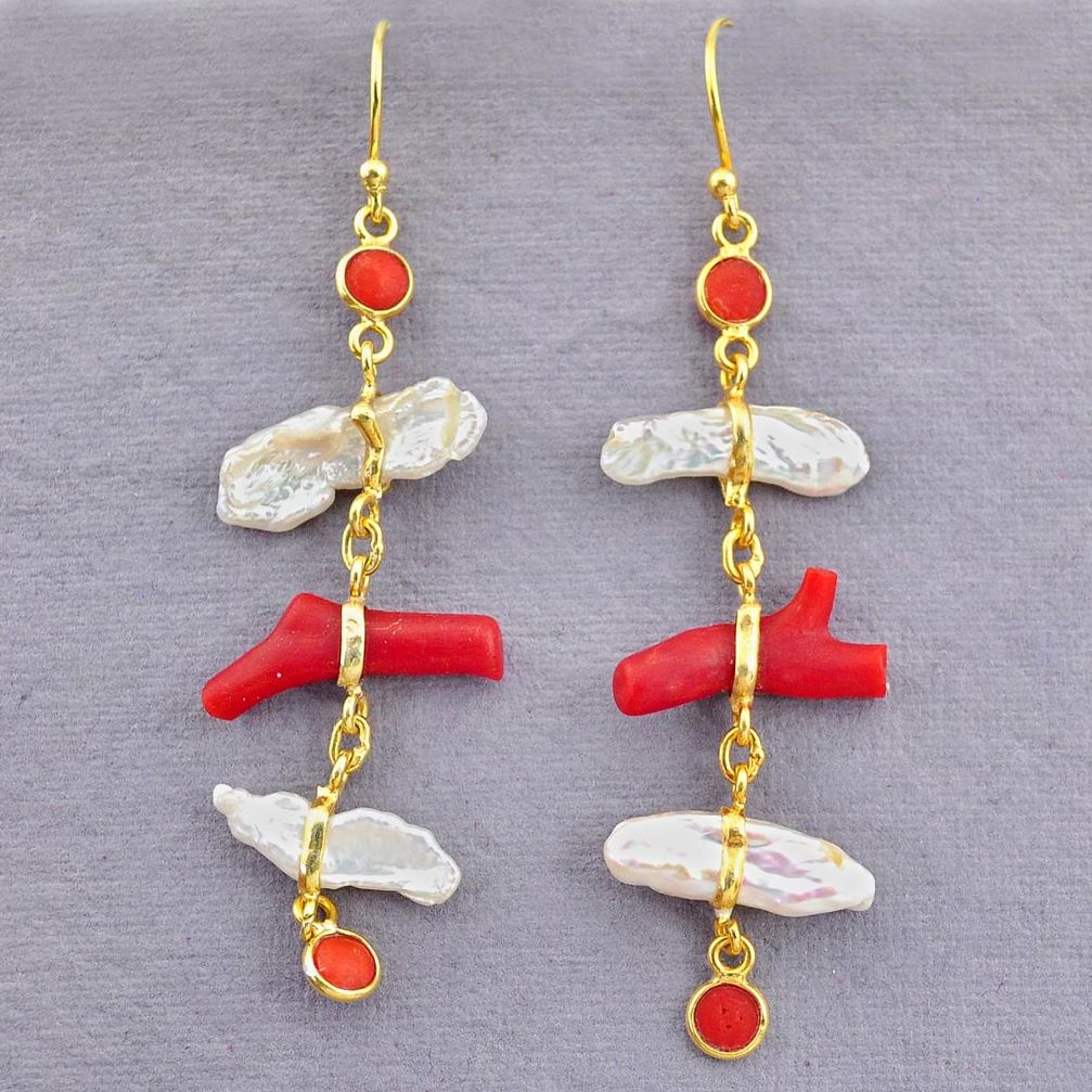 12.49cts natural red coral pearl 14k gold handmade dangle earrings t10952