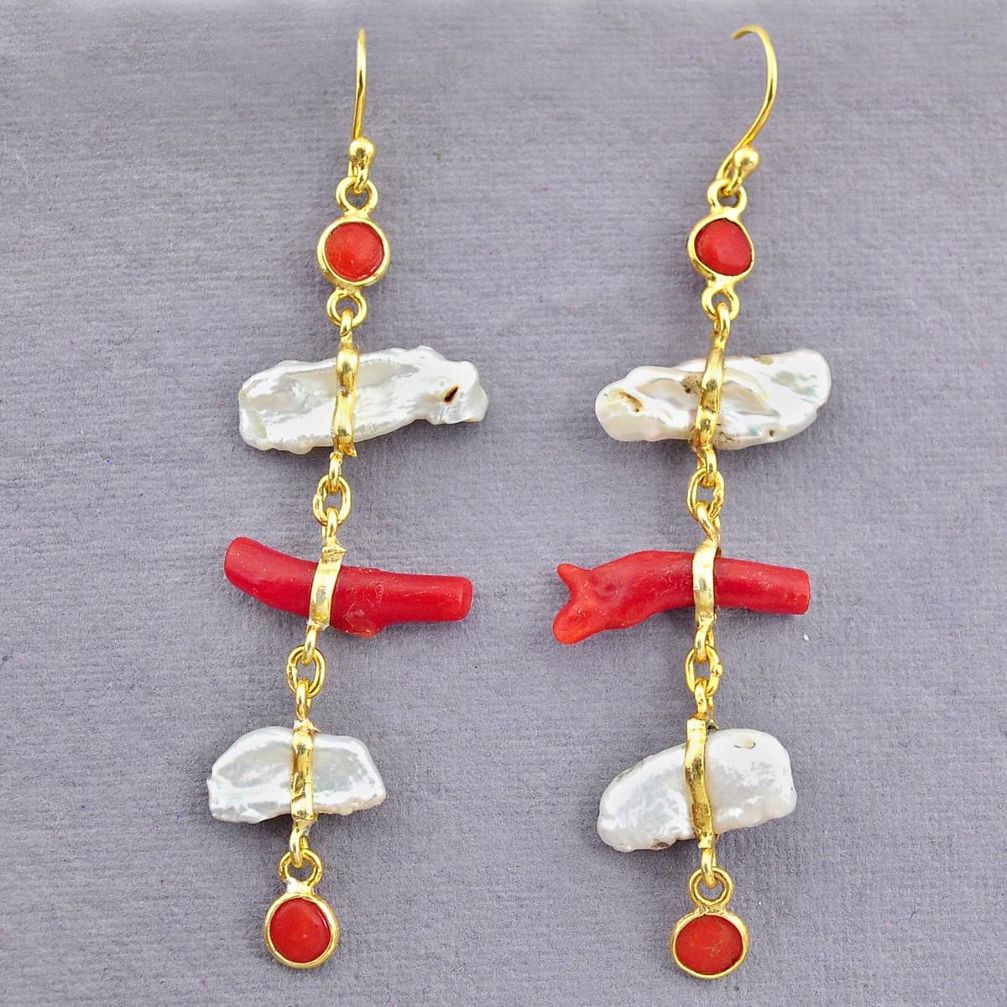 12.96cts natural red coral pearl 14k gold handmade dangle earrings t10955