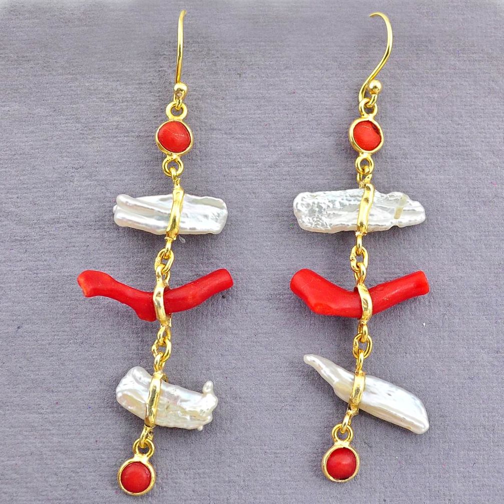 11.96cts natural red coral pearl 14k gold handmade dangle earrings t10956