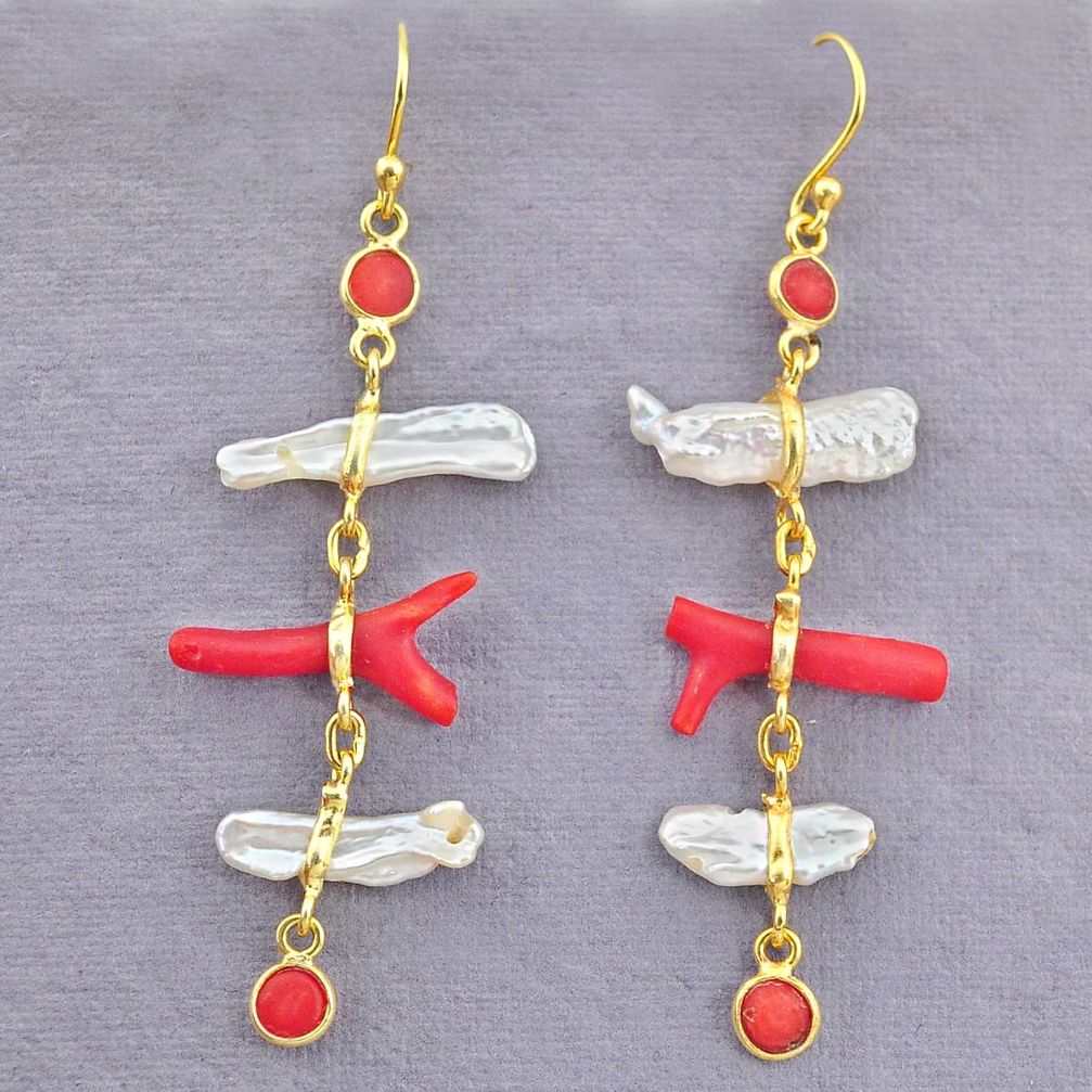 10.67cts natural red coral pearl 14k gold handmade dangle earrings t10959